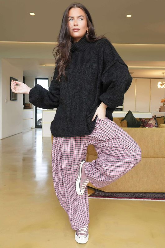 Donald Plaid Brushed Cotton Barrel Pant Pink